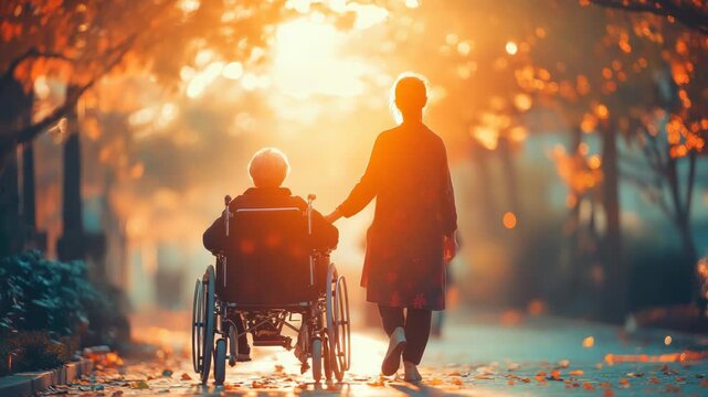 A caregiver supports a disabled person in a wheelchair during a serene autumn stroll. The soft sunlight filters through trees, creating a warm and comforting atmosphere.