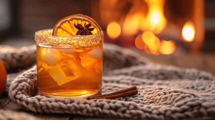 Refreshing Cocktail In Glass With Ice Garnished Dried Orange