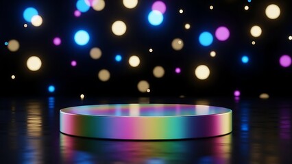 Futuristic iridescent metallic podium stand on dark stage with colorful bokeh lights glowing in abstract 3d environment