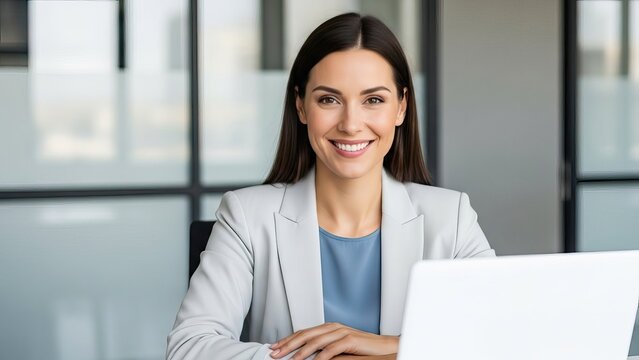 Woman in business attire sitting at desk with laptop smiling at camera social media thumbnail poster banner download 2026 2027