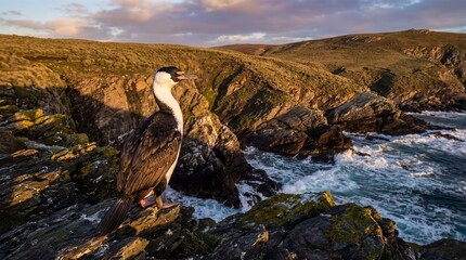Cormorant Coastal Cliffs Golden Hour Ocean