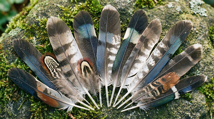 An array of diverse bird feathers with intricate patterns and colors arranged in a fan on a natural, textured ground surface.