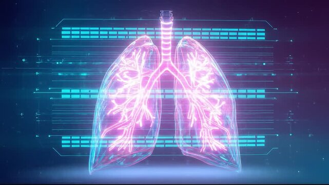 Glass lungs shining with blue and pink neon lights on dark background