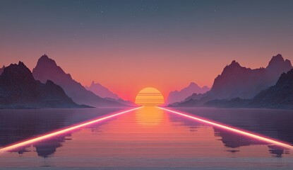 Digital art featuring a sunset over a body of water with neon paths and mountains