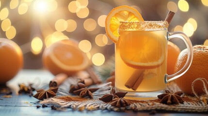 Warm Beverage In Glass Mug With Orange Slice And Cinnamon Stick