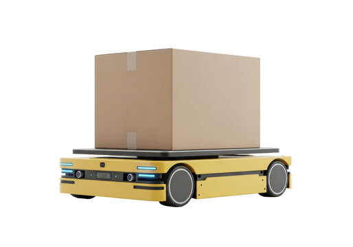 sleek matte yellow low-profile autonomous robot (amr) balancing a large brown parcel box on a pure white infinity studio background, high-key product photo. concept of reliable automation