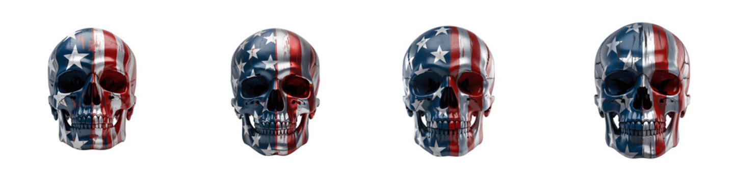 Four american flag skulls isolated on transparent background