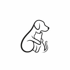 Minimalist Line Art Dog and Cat Hugging.