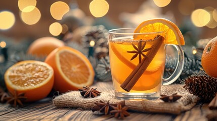 Warm Beverage In Glass Mug With Orange Slice And Cinnamon Stick