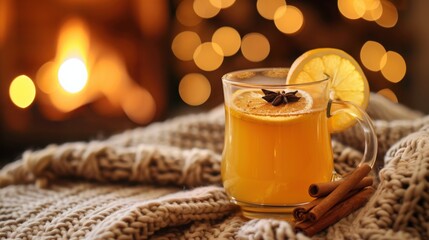 Warm Spiced Beverage In Glass Mug Garnished With Dried Lemon