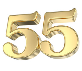 Lustrous Golden Metallic Number Fifty-Five 55 Isolated on White Background for Anniversary, Discount, or Milestone Celebration