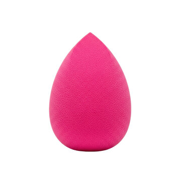 macro, hyper-detailed shot of a pristine, highly saturated hot pink beauty blender on a pure studio white backdrop, highlighting porous foam texture. Concept for luxury cosmetics marketing