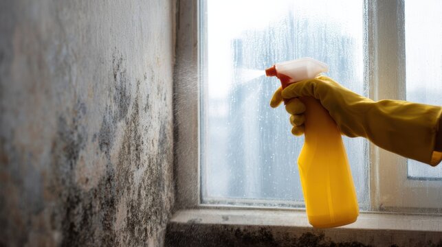 Cleaning mold from window with spray bottle and gloves in a home setting during daylight hours