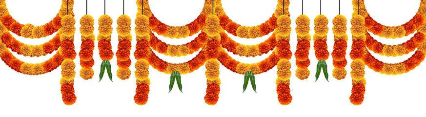 Decorative design element marigold flowers with mango leafs for hindu festival and mobile invites