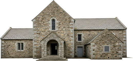 Old stone building with arched doorway and slate roof displaying rustic architecture and historical construction ancient structure historical architecture rustic design stone facade transparent