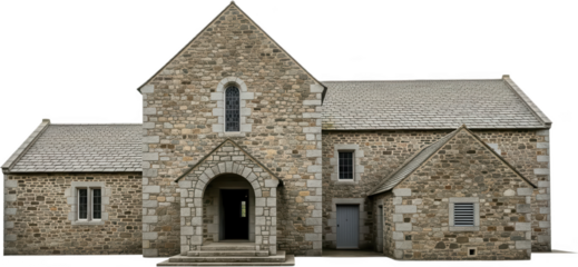 Old stone building with arched doorway and slate roof displaying rustic architecture and historical construction ancient structure historical architecture rustic design stone facade transparent