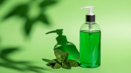 Green liquid soap in a clear bottle with a pump dispenser and fresh mint leaves on a vibrant green background