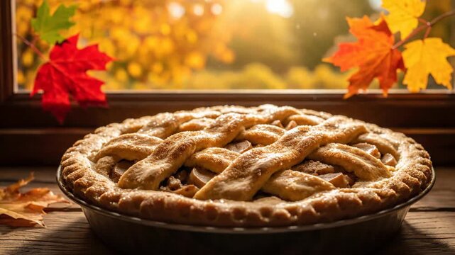 Hot Fall Pie Steaming on Window Sill with Autumn Leaves.