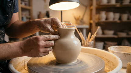 Skilled hands shaping clay on a pottery wheel, creating a delicate vase in a warm studio environment.
