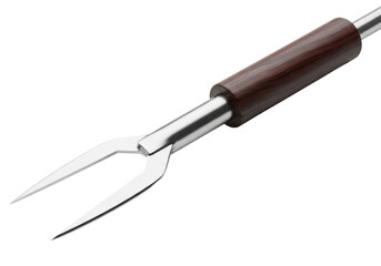 Fototapeta premium Extreme close-up macro product photo of a premium stainless steel roasting stick with sharp tines and a dark mahogany wood handle on a clean white background. Concept of high-end outdoor cooking gear