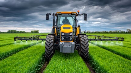 Obraz premium Farming tractor spraying crops on green field under cloudy sky