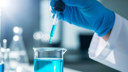 Scientist in lab glove dropping blue chemical solution into beaker for research analysis