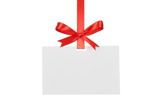blank white gift card with ribbon hanging on red goft ribbon isolated on white or transparent png