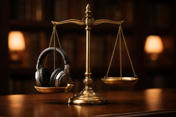 Justice scale balancing headphones on one side in a dimly lit library
