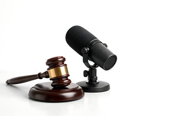 Judge gavel and microphone on white background for legal podcast or court recording