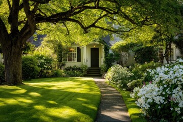 Obraz premium A stone path leads to a house entrance, lush foliage and a large tree frame the scene