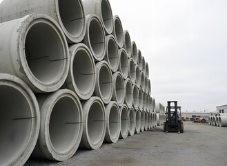 Large Concrete Pipes Stacked in Industrial Storage Yard with Forklift for Construction Infrastructure