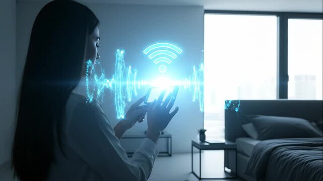 Asian woman interacts with smartphone displaying wireless connection graphics, showcasing digital technology evolution, camera pans to reveal scene progression and connectivity