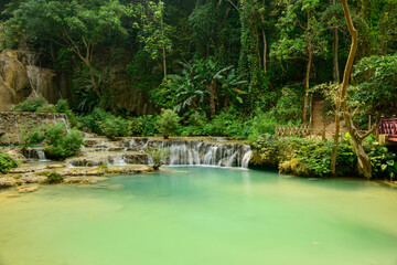 A serene turquoise pool sits beneath gentle limestone cascades surrounded by dense tropical forest at Kuang Si Waterfalls in northern Laos. Lush greenery and soft daylight create a peaceful natural © Florent