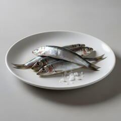 Fresh Raw Whole Sardines with Sea Salt on White Plate