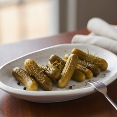 Crispy pickled gherkins on a white plate with black peppercorns and fresh herbs, served on a wooden table.