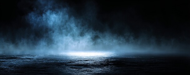 Dark blue mist illuminated by bright light on wet ground abstract background image