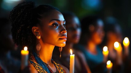 Under the night sky, participants of varying ages and ethnicities hold lit candles, commemorating those affected by racial discrimination during a peaceful vigil event.