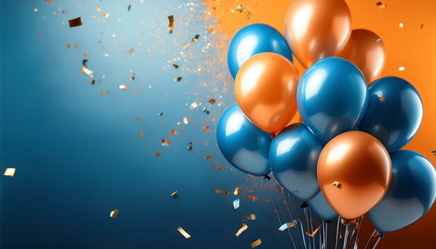 an array of joyful blue and orange balloons on a blue and orange gradient background sprinkled with confetti - Powered by Adobe