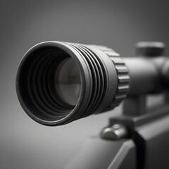 Close-up of a black rifle scope's objective lens and textured barrel, highlighting precision optical equipment.
