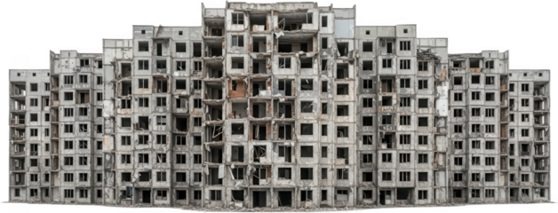 A large desolate multi story apartment building stands in ruins with gaping windows and crumbling concrete facades conveying decay abandoned architecture dilapidated destroyed transparent background