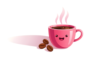 Kawaii Pink Coffee Cup Character with Happy Smile, Steam, and Dark Beans, PNG, Transparent Background, Ideal for Stickers, Cafe Branding, and Morning Social Media Posts