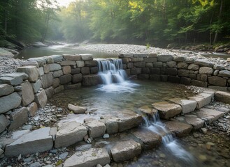 Tranquil River Landscape with Stone Wall Waterfalls, Flowing Water, and Lush Green Forest in Gentle Morning Light