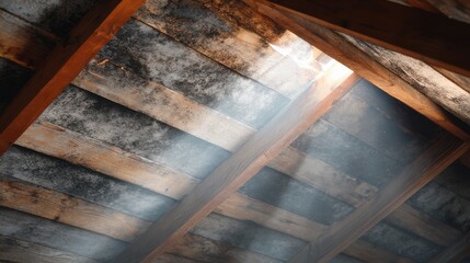 Light shines through the wooden roof beams in a dim space during early morning hours