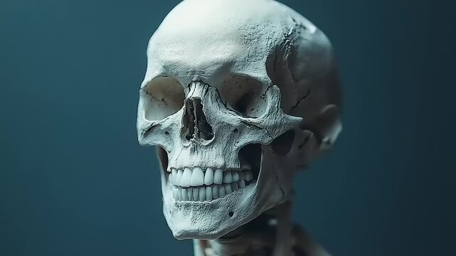 Realistic human skull model on blue background
