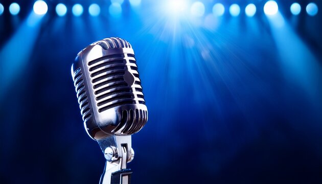 dramatic stage spotlight on vintage microphone in blue ambiance