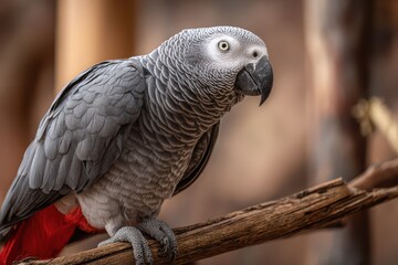 Obraz premium Natural Light Bird Portrait: African Grey Parrot with Red Tail Feathers and Calm Expression