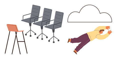 Fototapeta premium Workplace setup, team collaboration, innovation, cloud computing, business productivity, and imagination. Three office chairs, a high stool a cloud and a person mid-leap. Innovation