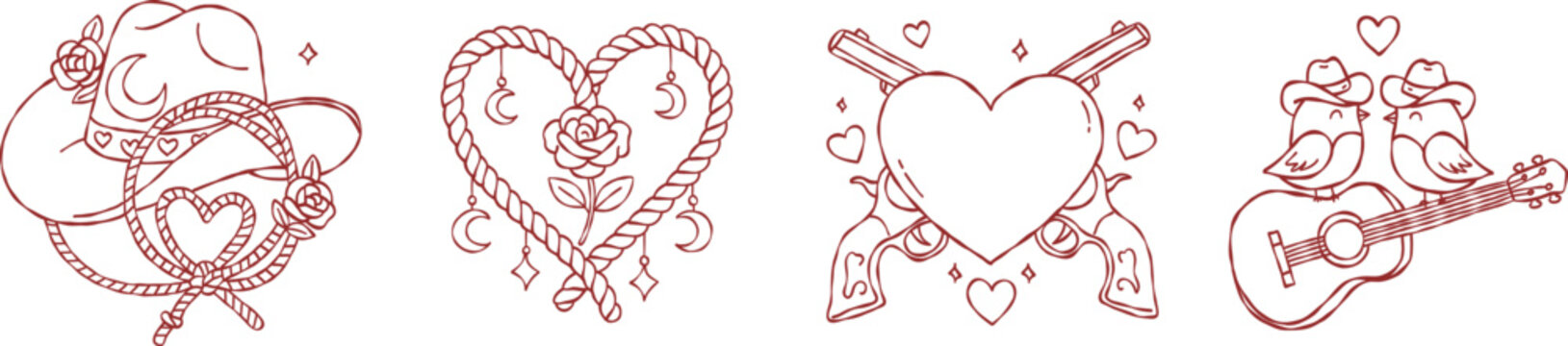 Western cowboy valentine hand drawn vector line art set with guitar birds and lasso heart for boho wedding invitation aesthetic illustration print