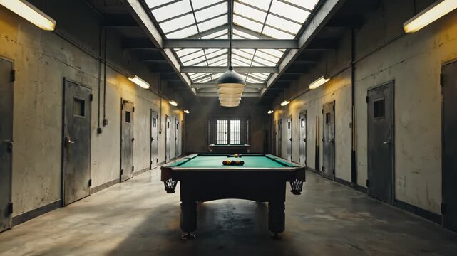 Pool table in a prison corridor