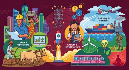 Indian Economy Growth and Development Concept - Illustration of Diverse Sectors
